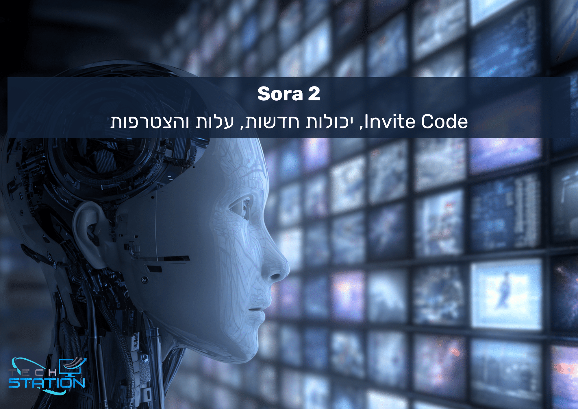ראש רובוט עתידני פונה לקיר של מסכים דיגיטליים זוהרים המציגים תמונות שונות. טקסט בעברית מופיע בחלק העליון, ולוגו של Tech Station מופיע בפינה השמאלית התחתונה. הסצנה היא הייטקית ומודרנית.