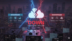 נוף עירוני בלילה במהלך סערה עם סמל ענן סדוק וברקים. DOWN ו-Global Outage - Nov 18, 2025 מופיעים במרכז. בתיבות מפורטים היתרונות (מהירות, אבטחה, אמינות) והחסרונות (תלות, תמיכה, בעיות משותפות) של Cloudflare.