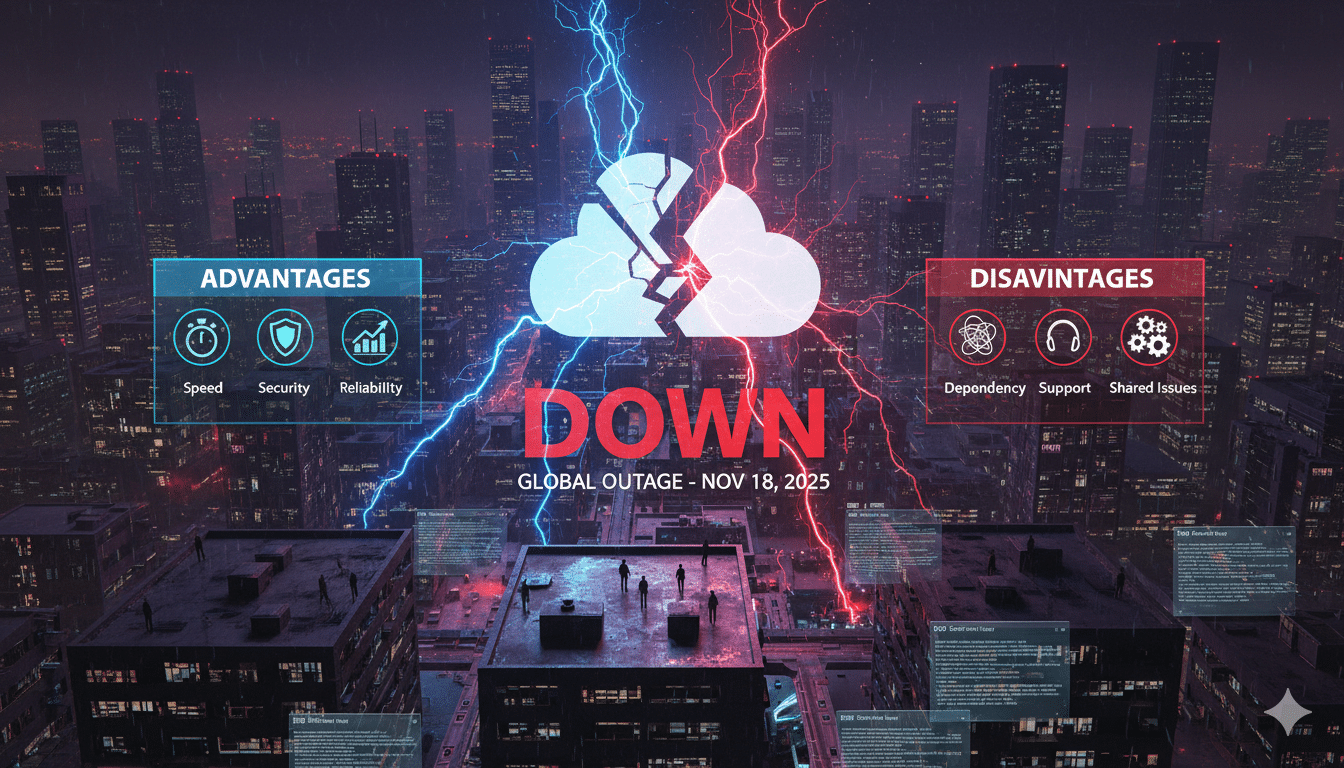 נוף עירוני בלילה במהלך סערה עם סמל ענן סדוק וברקים. DOWN ו-Global Outage - Nov 18, 2025 מופיעים במרכז. בתיבות מפורטים היתרונות (מהירות, אבטחה, אמינות) והחסרונות (תלות, תמיכה, בעיות משותפות) של Cloudflare.