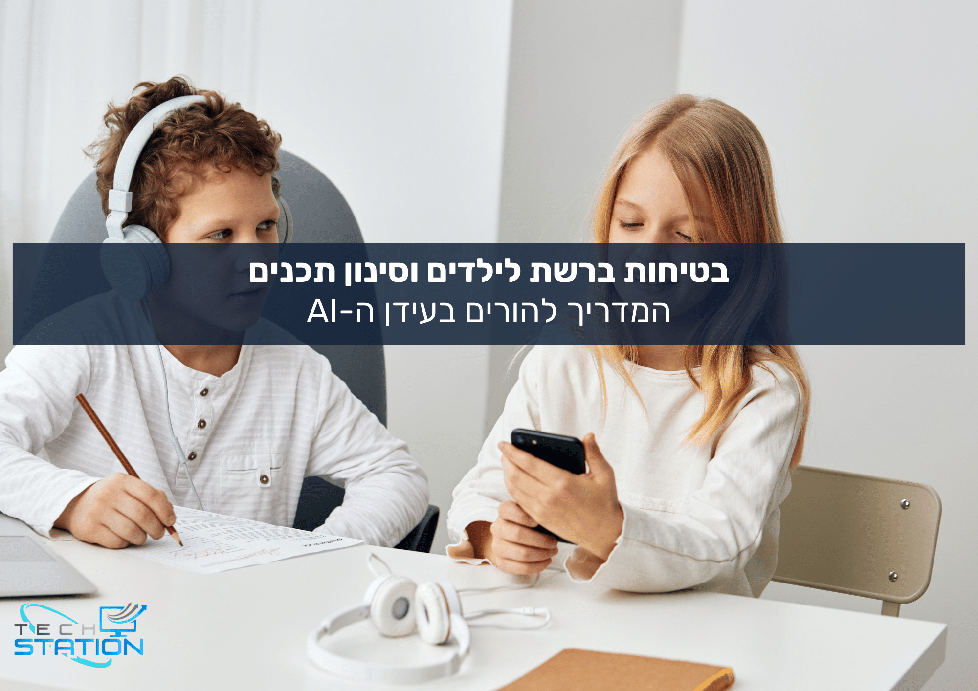 שני ילדים יושבים ליד שולחן, האחד עם אוזניות ומחשב נייד, והשני עם טלפון חכם. טקסט בעברית המופיע על גבי התמונה דן בבטיחות באינטרנט ובהדרכה הורית בעידן הבינה המלאכותית. לוגו Tech Station מופיע בפינה.