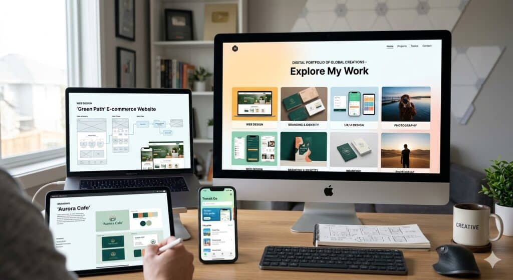 אדם יושב ליד שולחן עבודה עם iMac, iPad ו-iPhone, ומציג פרויקטים של עיצוב דיגיטלי מקורס לבניית אתרים. סביבת העבודה כוללת מחשב נייד, מחברת של Creative, עציץ, עט ומנורה במשרד מואר.