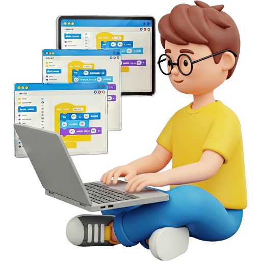 ילד בסגנון קריקטורה, המרכיב משקפיים, יושב ברגליים משוכלות ומשתמש במחשב נייד. מאחוריו, על גבי מסכים מרחפים, מוצגים ממשקי תכנות צבעוניים המבוססים על בלוקים, המרמזים על השתתפות בחוג המתמקד בתכנות או בלימוד תכנות.