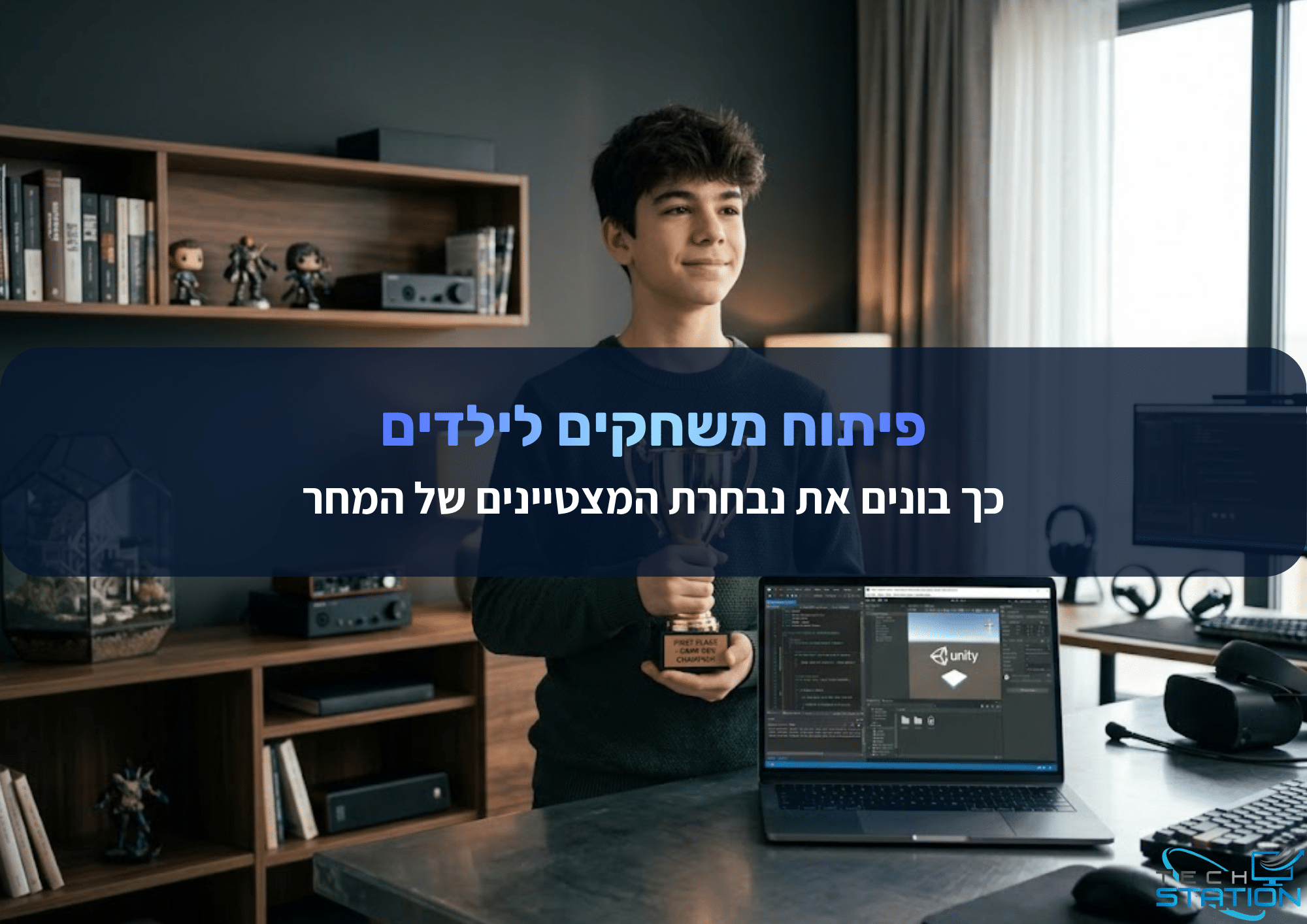 נער עומד בחדר ומחזיק גביע, כשמולו על השולחן מונח מחשב נייד שעליו מוצגת תוכנה לפיתוח משחקים. הטקסט בעברית אומר: פיתוח משחקים לילדים: מגדלים את מפתחי העתיד.