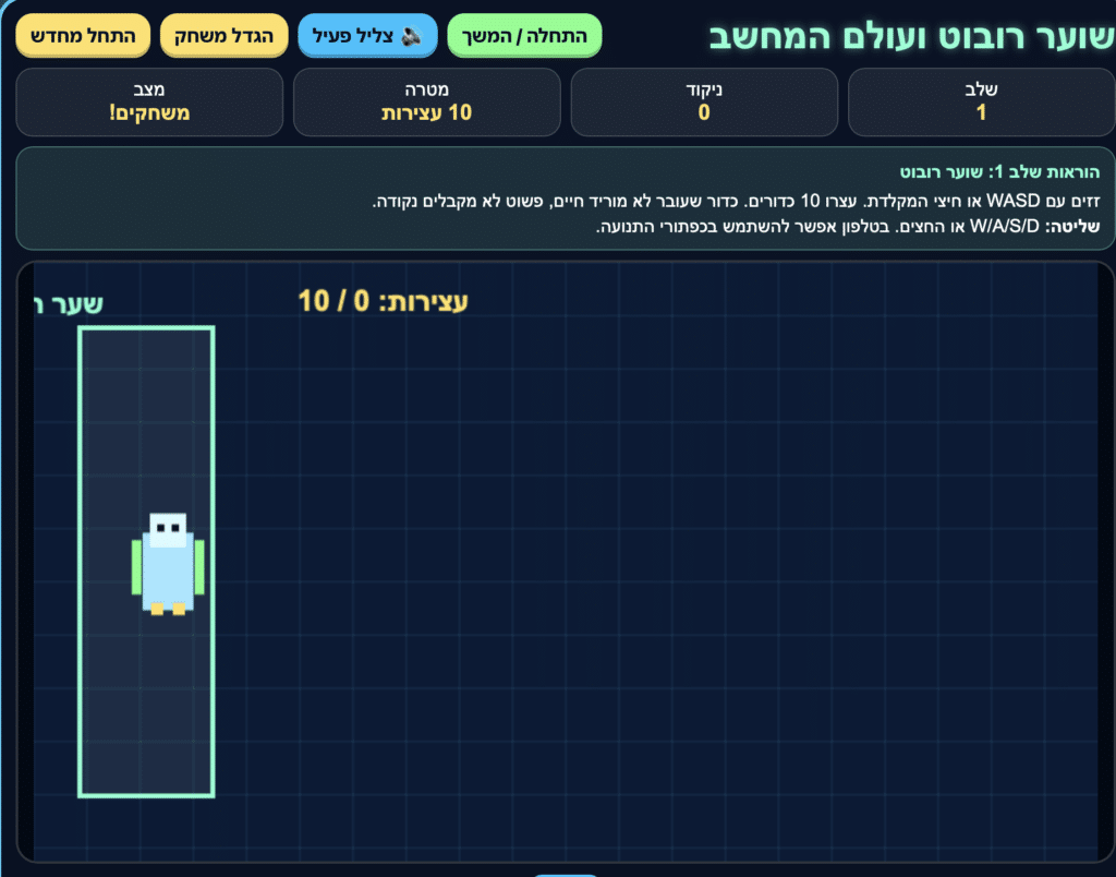 צילום מסך של ממשק משחק מחשב חינוכי בעברית, המציג דמות פינגווין מפוקסלת בתוך ריבוע שעליו הכיתוב "שוער 1" בצד שמאל, עם הוראות והפקדים בעברית מעל.