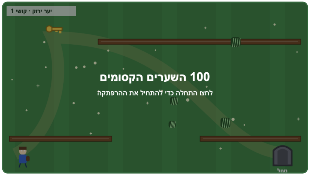 מסך משחק בעברית עם הכותרת "100 השערים הקסומים" והוראות ללחוץ על "התחל". ברקע מופיעים משטחים, דמות, מפתח ודלת. רמת הקושי מסומנת כ-"עיר ירוקה · קשה 1".
