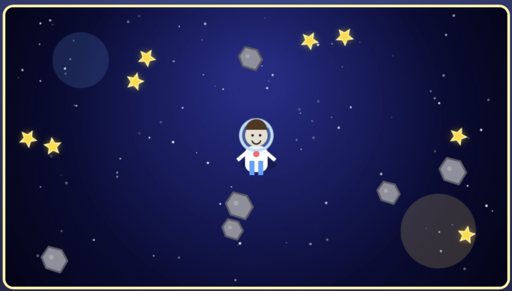 אסטרונאוט מצויר מרחף בחלל, מוקף בכוכבים צהובים ובאסטרואידים אפורים על רקע כחול כהה, כששני כוכבי לכת גדולים ודהויים מופיעים בפינות.